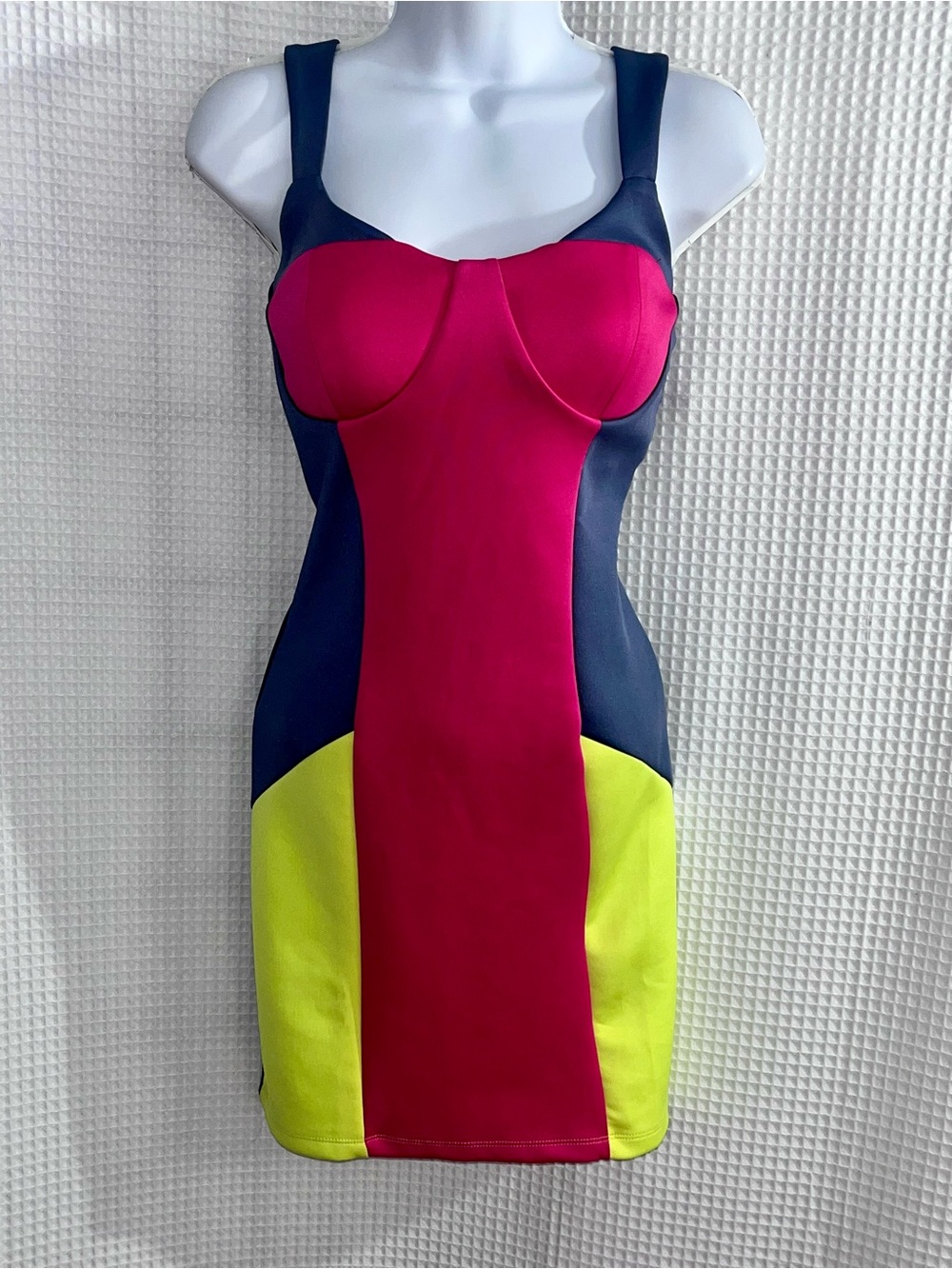 Wishes Wishes Wishes Neon Yellow Navy and Fuchsia Colorblock Mini Dress size 5